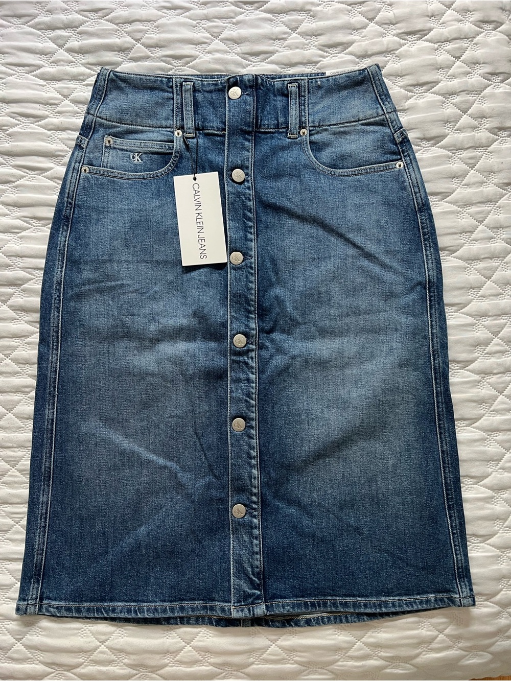 Calvin Klein High-Rise Denim Midi Skirt - Light Blue